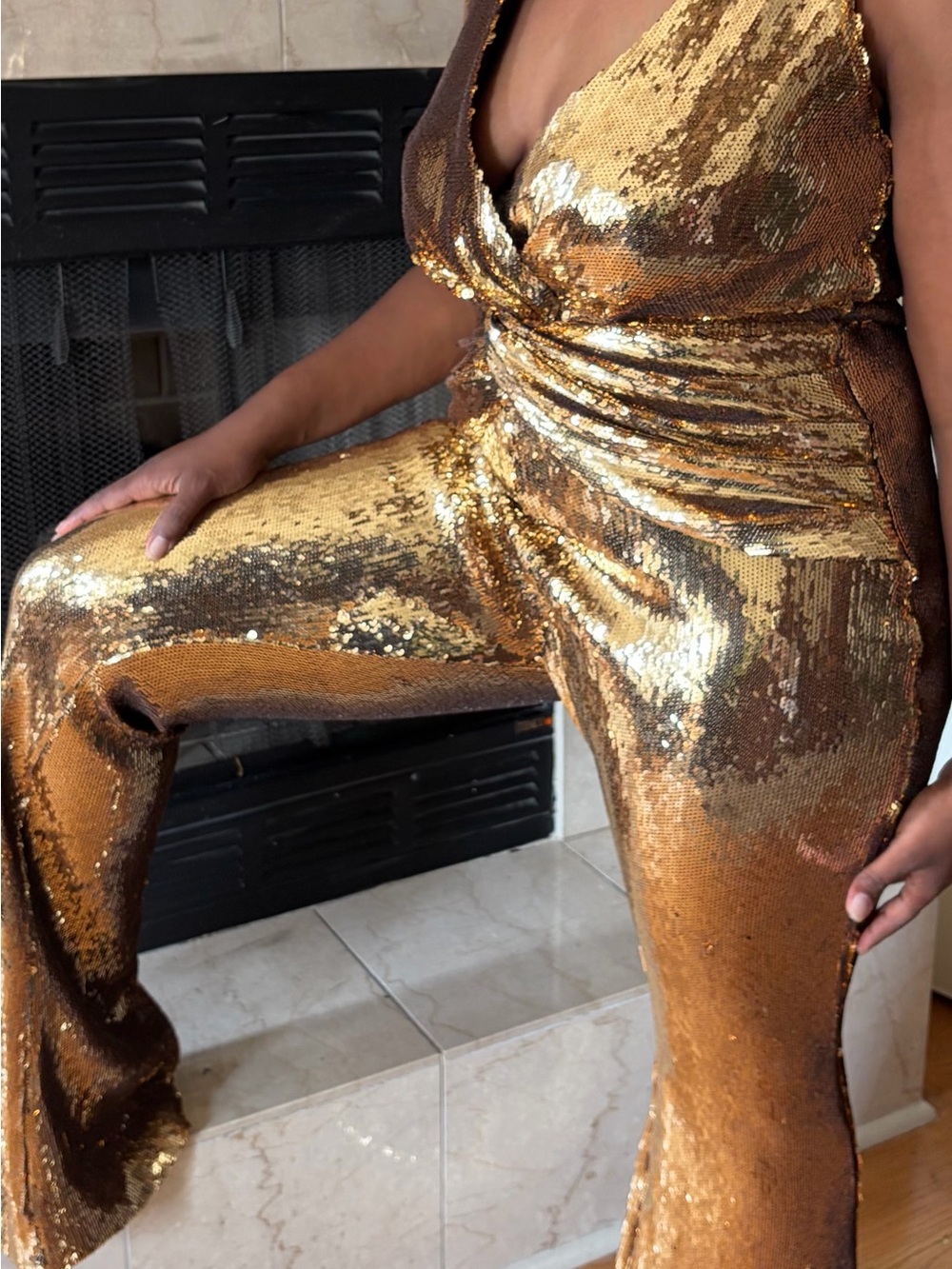 NADINE MERABI Gold Sequin Wrap Jumpsuit